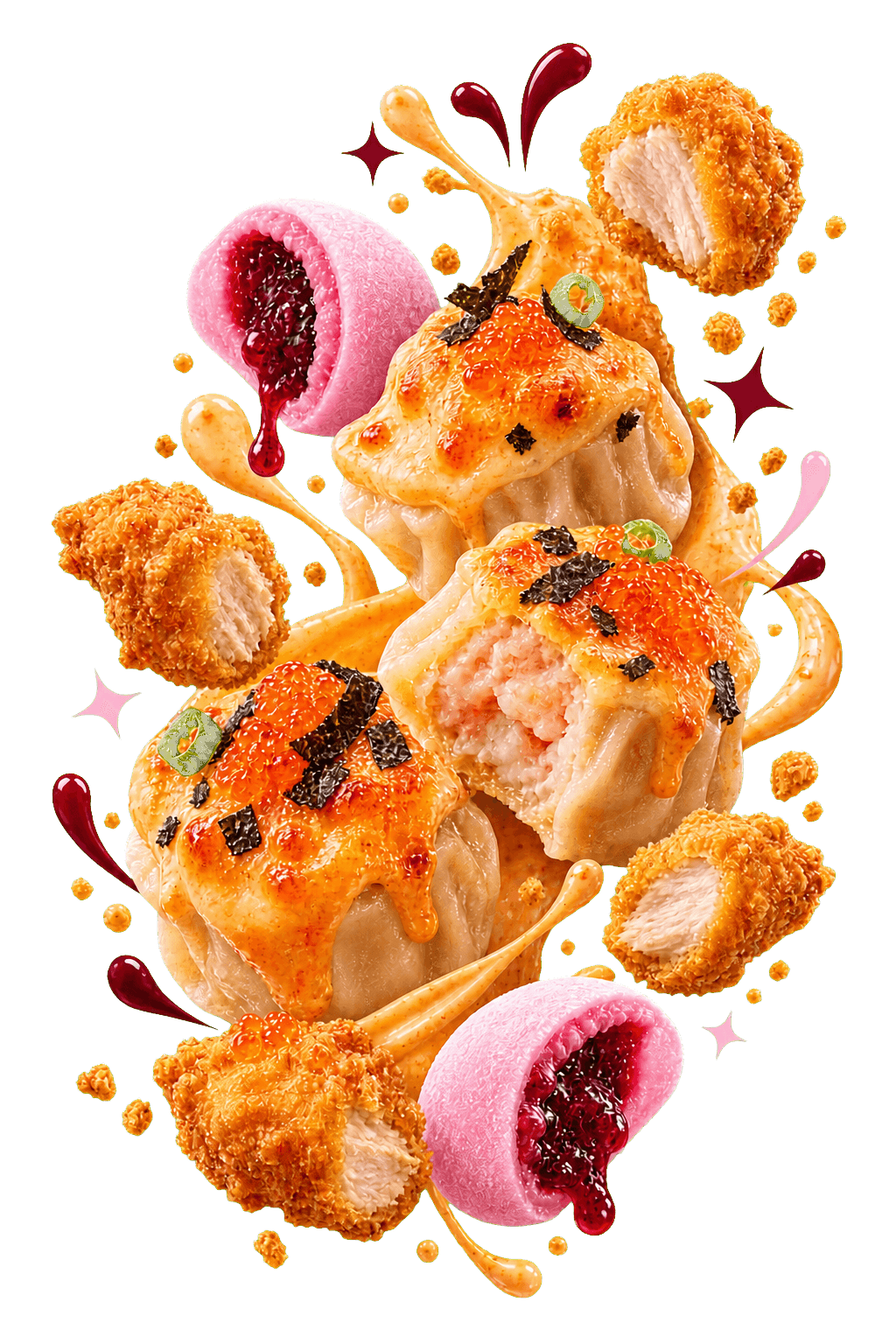Mentai dimsum, crispy chicken, dan berry mochi SweetPop