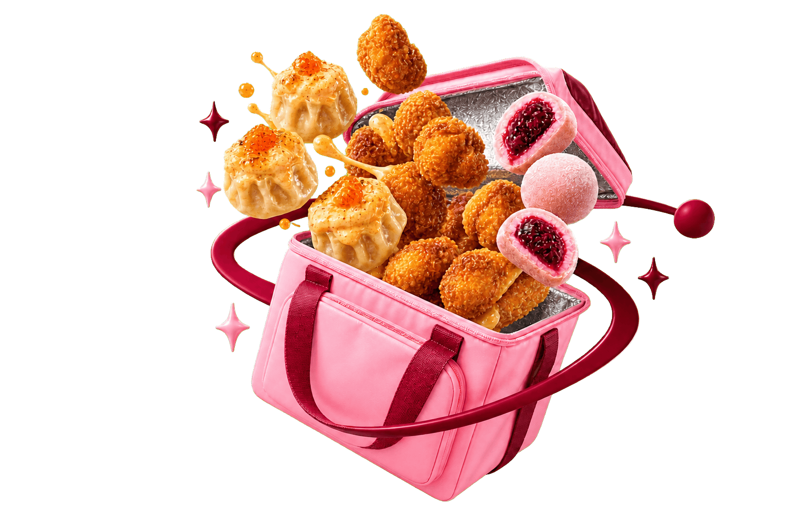 Tas delivery SweetPop dengan dimsum, crispy bites, dan berry mochi