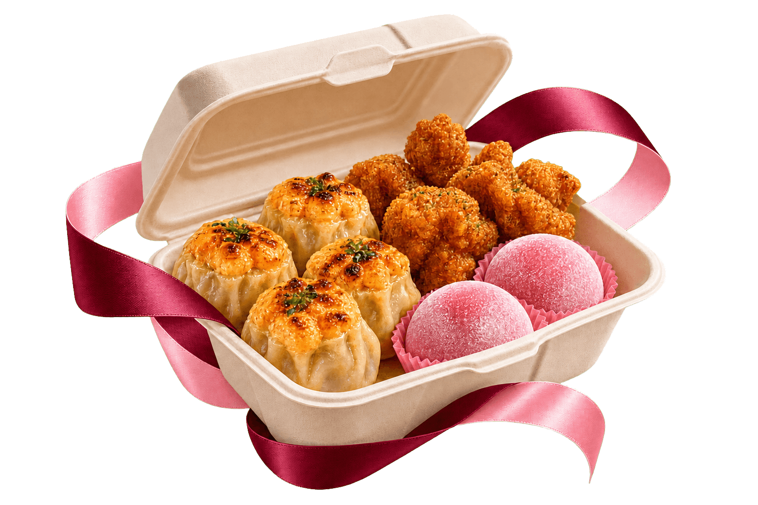 Kotak takeaway SweetPop berisi dimsum, crispy bites, dan berry mochi