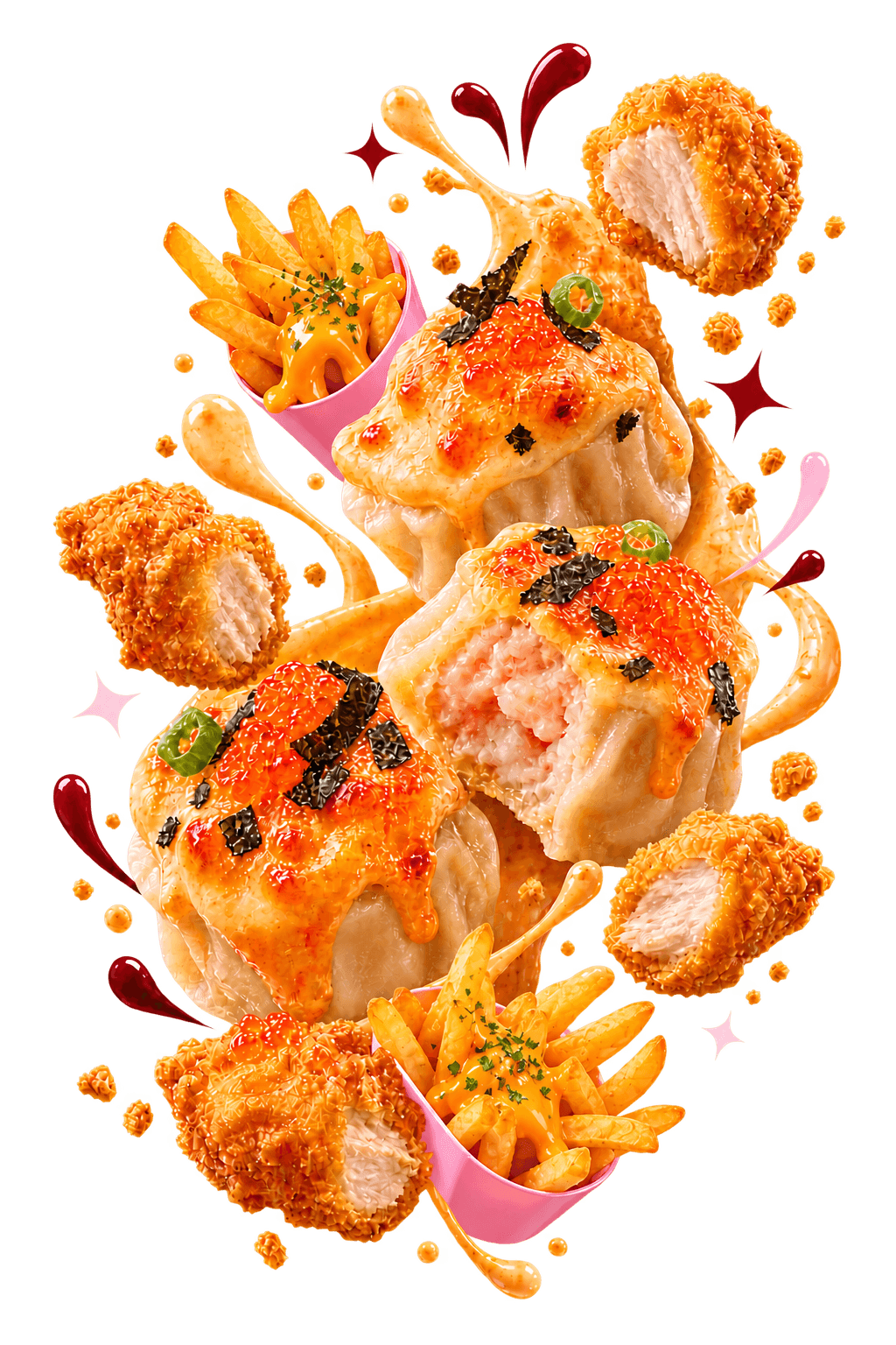 Mentai dimsum, crispy chicken, dan loaded fries SweetPop