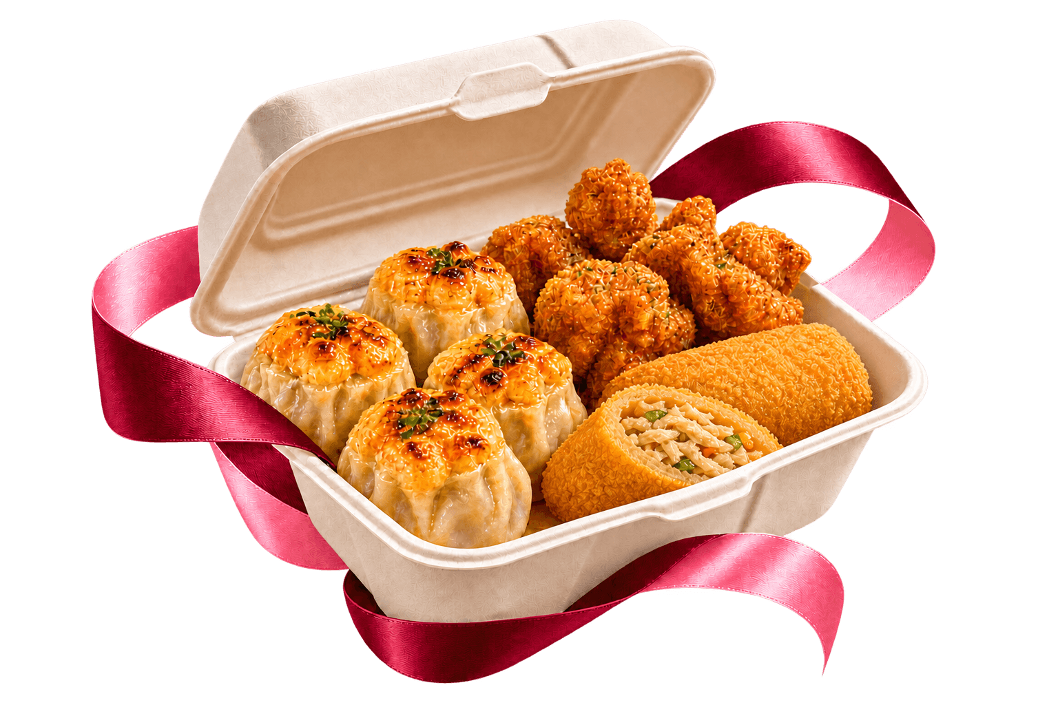 Kotak takeaway SweetPop berisi dimsum, crispy bites, dan risoles